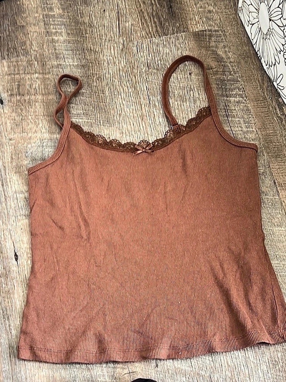 Ribbed Lace-Trim Tank Top in Brown